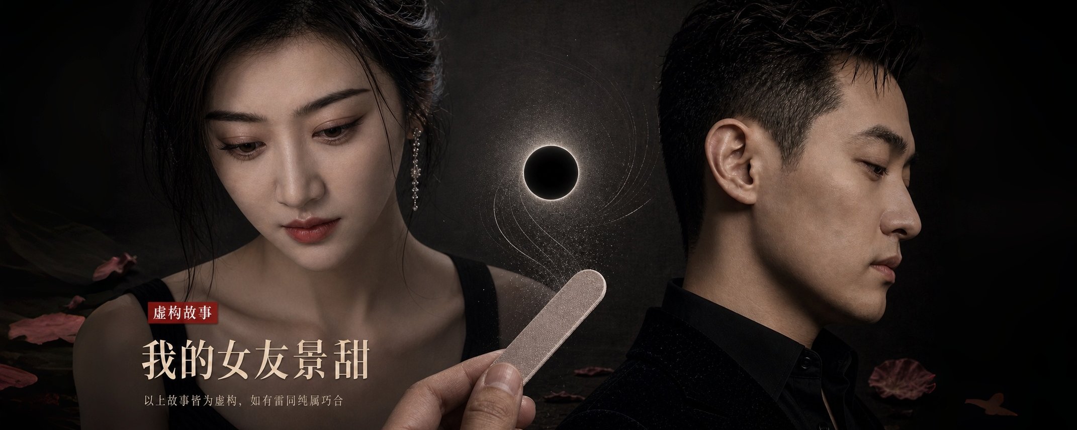 《我的女友景甜》故事首图：黑色背景中的一对男女与一根指甲锉
